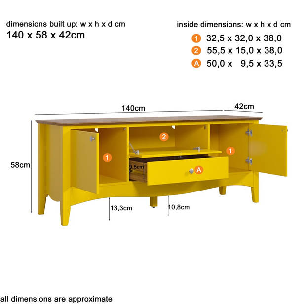 Lissabon TV-meubel 2 deuren, 1 lade, 1 klep geel,bruin.