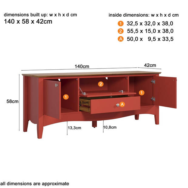 Lissabon TV-meubel 2 deuren, 1 lade, 1 klep rood,bruin.