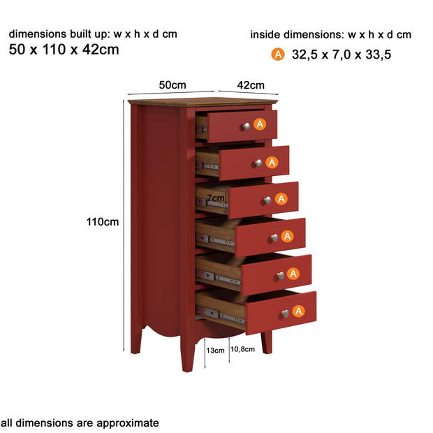 Lissabon kommode 6 laden rood,bruin.