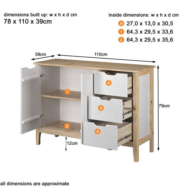 Latera dressoir 3 laden, 2 deuren wit.