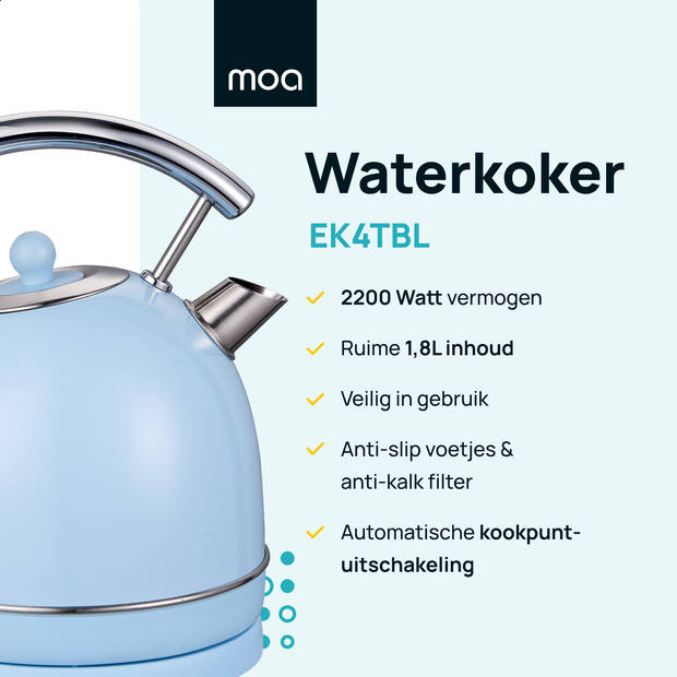 MOA Retro Waterkoker - Pastel Blauw - Elektrisch - RVS - EK4TBL