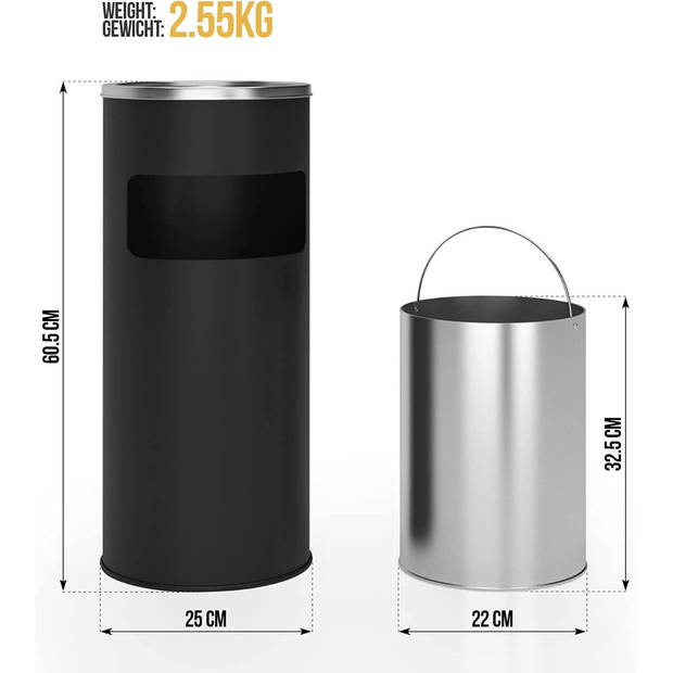 Jago- Staande asbak met prullenbak - Zwart- 30 liter, van RVS/ ijzer, 2 in 1, met binnenemmer