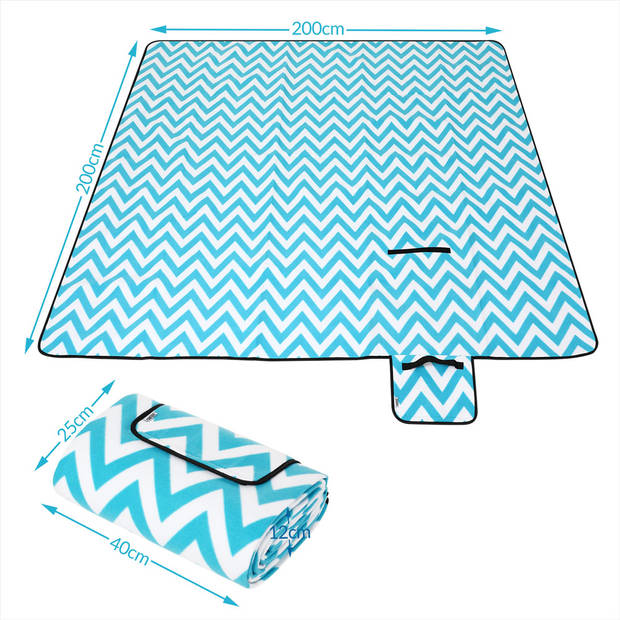 Picknickdeken, picknickkleed, met handvat, geïsoleerd en waterdicht, 200 x 200 cm, zigzagpatroon, blauw-wit