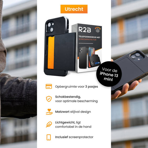 R2B hoesje met pasjeshouder geschikt voor iPhone 13 Mini - Gratis screenprotector - Zwart