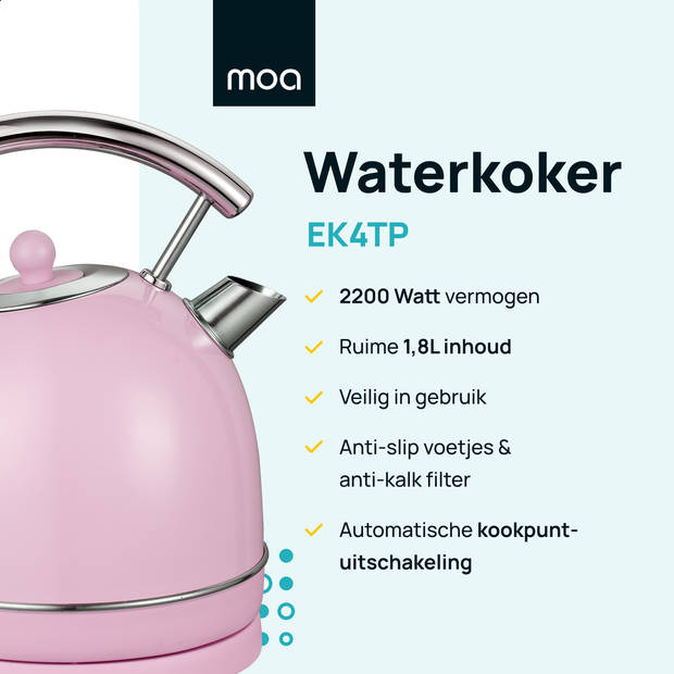MOA Retro Waterkoker - Pastel Roze - Elektrisch - RVS - EK4TP