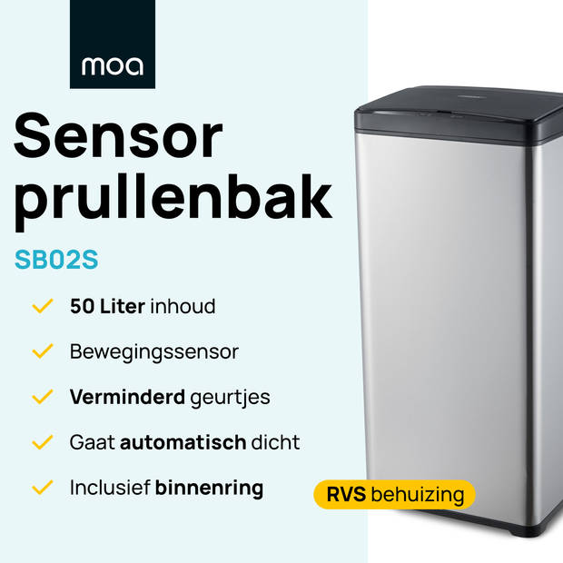 MOA Sensor Prullenbak - 50 liter - RVS & duurzaam ABS - Non-slip - Geruisloze deksel - Stainless - SB02S