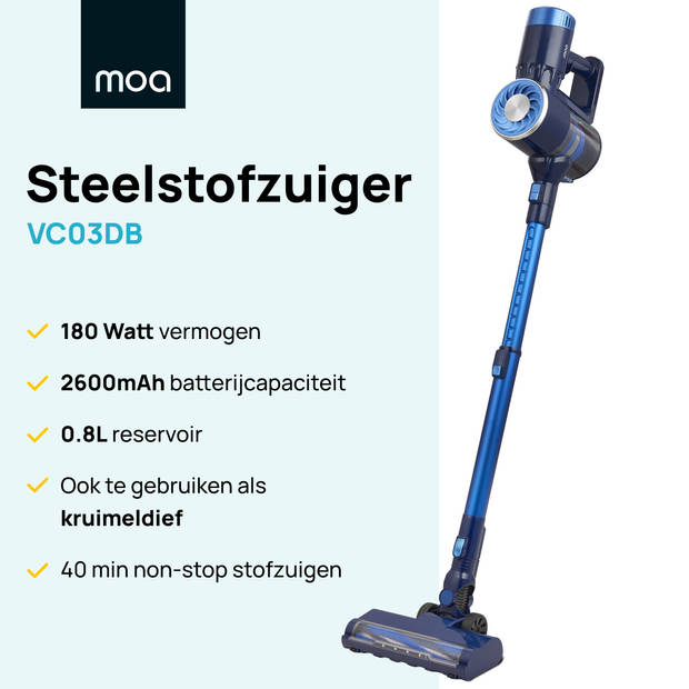 MOA Steelstofzuiger Ultra - 2-in-1 - Kruimeldief - Draadloos - 180 Watt - Zonder zak - VC03DB