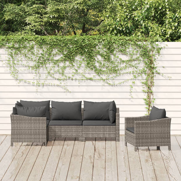 vidaXL 5-delige Loungeset met kussens poly rattan grijs