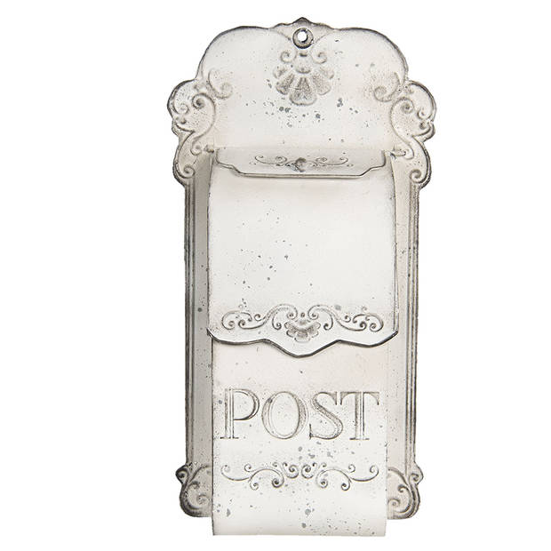 HAES DECO - Brievenbus vintage wit metaal met ornamenten en tekst "POST", formaat 24x8x46 cm