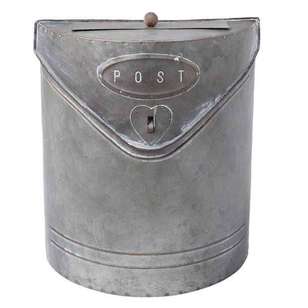 HAES DECO - Brievenbus vintage grijs metaal met Hartje en tekst "POST", formaat 24x10x29 cm
