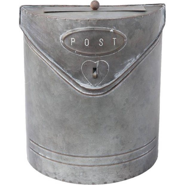 HAES DECO - Brievenbus vintage grijs metaal met Hartje en tekst "POST", formaat 24x10x29 cm