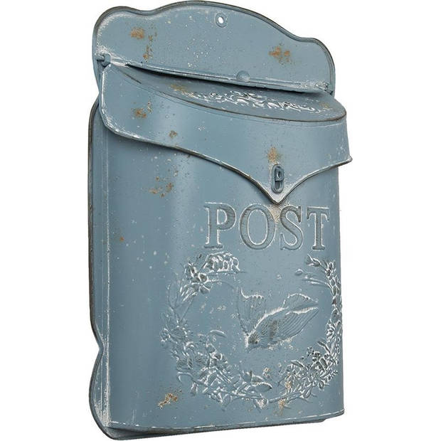 HAES DECO - Brievenbus vintage blauw metaal met Vogel bedrukt en tekst "POST", formaat 26x8x39 cm