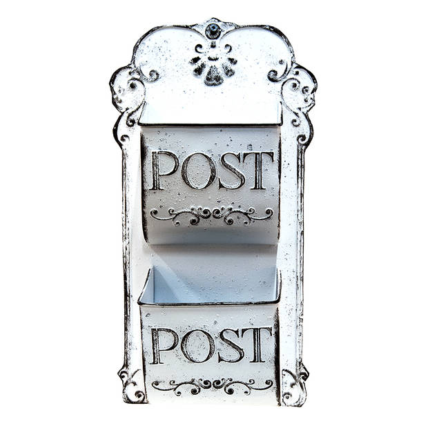 HAES DECO - Brievenbus vintage wit metaal met 2 vakken met tekst "POST", formaat 23x10x46 cm