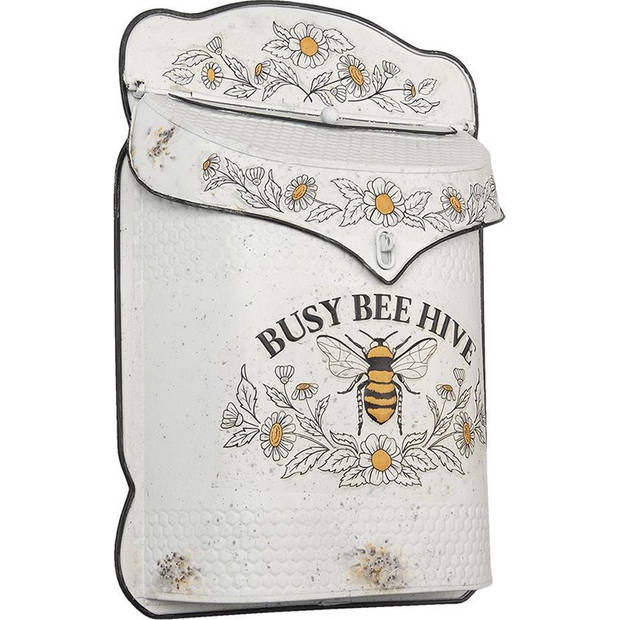 HAES DECO - Brievenbus vintage wit metaal met Bij en bloemen bedrukt en tekst "BUSY BEE HIVE", formaat 27x8x39 cm