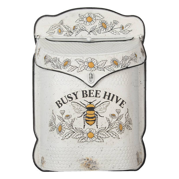 HAES DECO - Brievenbus vintage wit metaal met Bij en bloemen bedrukt en tekst "BUSY BEE HIVE", formaat 27x8x39 cm