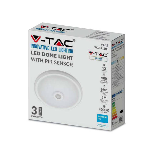 V-TAC VT-13-N plafonnière met LED PIR - Samsung - IP20 - 290mm - Wit - 12W - 900 Lumen - 6400K