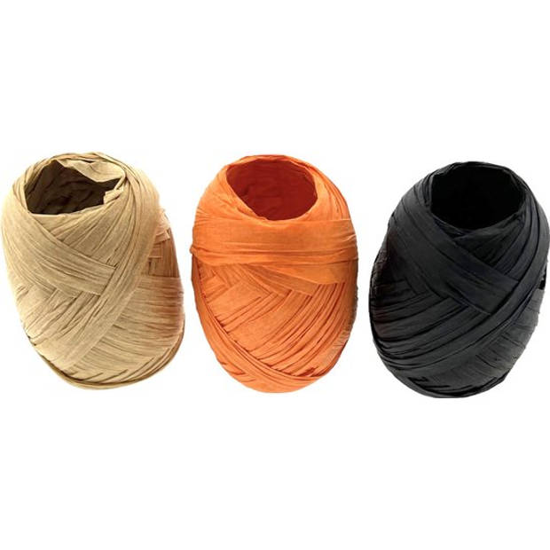 Papier Raffia 10mm x 30 mtr - zand / Zwart / Oranje - 3 x 10 Rollen