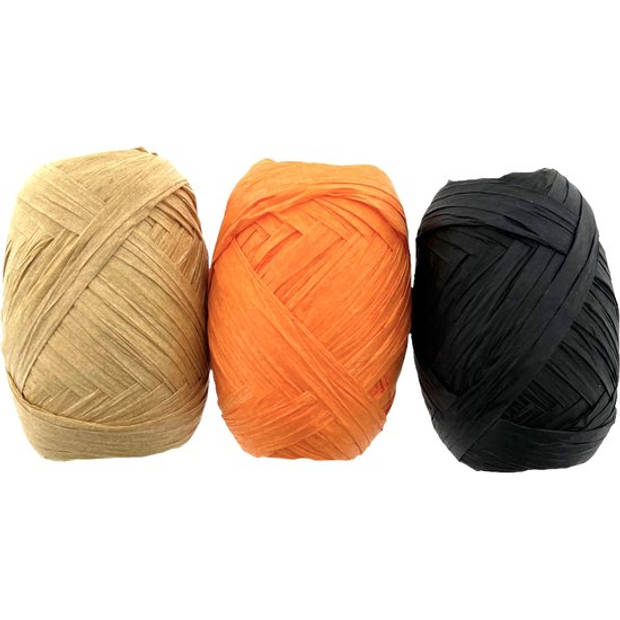 Papier Raffia 10mm x 30 mtr - zand / Zwart / Oranje - 3 x 10 Rollen