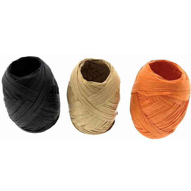 Papier Raffia 10mm x 30 mtr - zand / Zwart / Oranje - 3 x 10 Rollen