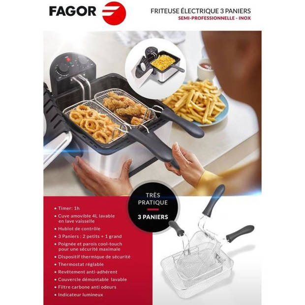 FAGOR FG124 Elektrische Friteuse - 4L 2000W - 1.8 Kg - 3 Manden - Anti-geur koolstoffilter - Roestvrijstalen behuizing