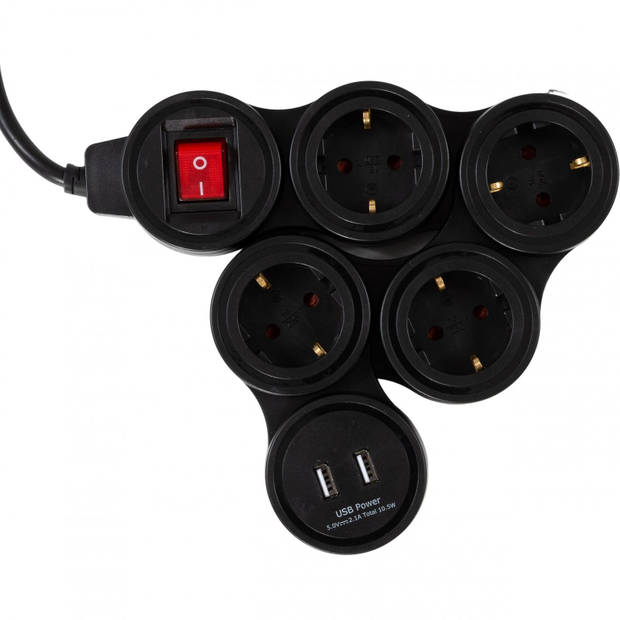 Stekkerdoos - Schuko - 4 voudig - 2x USB - Flexibel - Aan/uit schakelaar - Zwart - Allteq