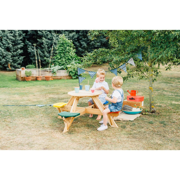 Plum - Ronde Kinder Picknicktafel met gekleurde stoelen - Hout - Naturel