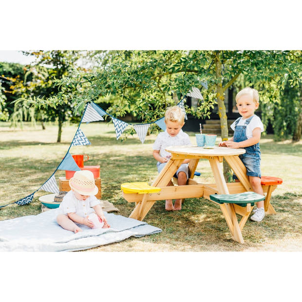Plum - Ronde Kinder Picknicktafel met gekleurde stoelen - Hout - Naturel