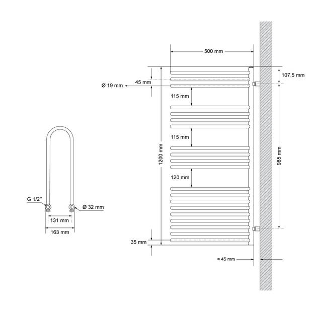 Badkamer radiator 500x1200 mm wit ML design