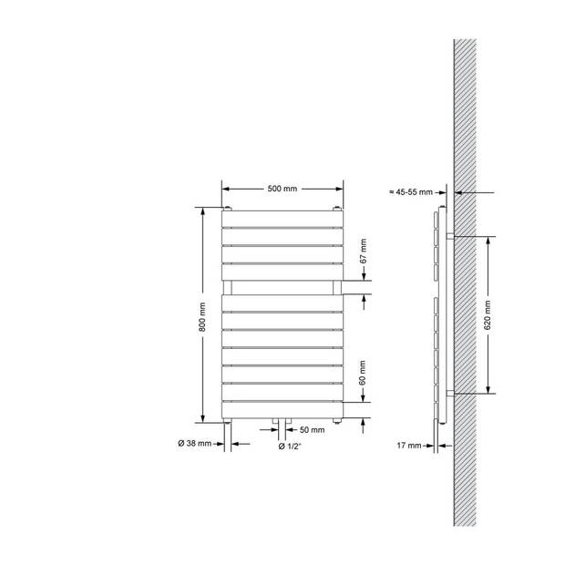 Badkamer radiator middenaansluiting 500x800 mm wit met muuraansluitset LuxeBath