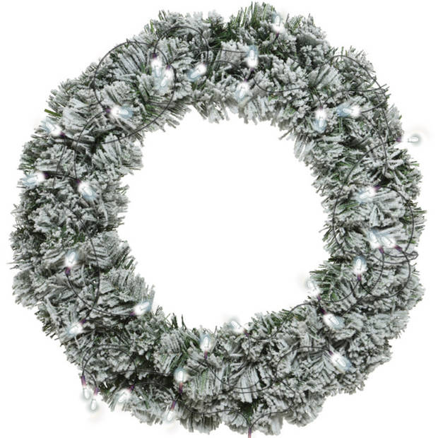 Kerstkrans groen met sneeuw 35 cm incl. verlichting helder wit 4m - Kerstkransen