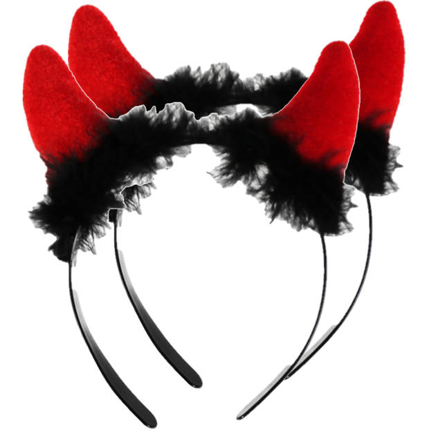 Set van 4x stuks halloween duivel hoorntjes diadeem rood plastic met pluche - Verkleedhoofddeksels