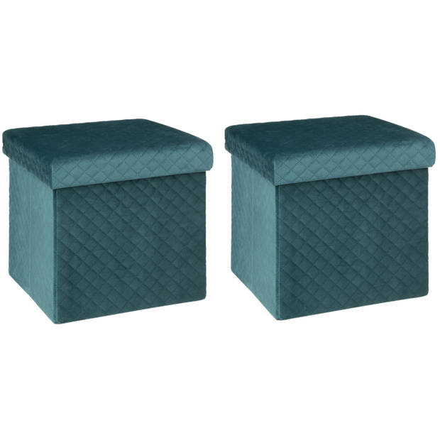 Atmosphera Poef/hocker/voetenbankje - 2x - opbergbox - fluweel blauw - PO/MDF - 31 x 31 x 31 cm - Poefs