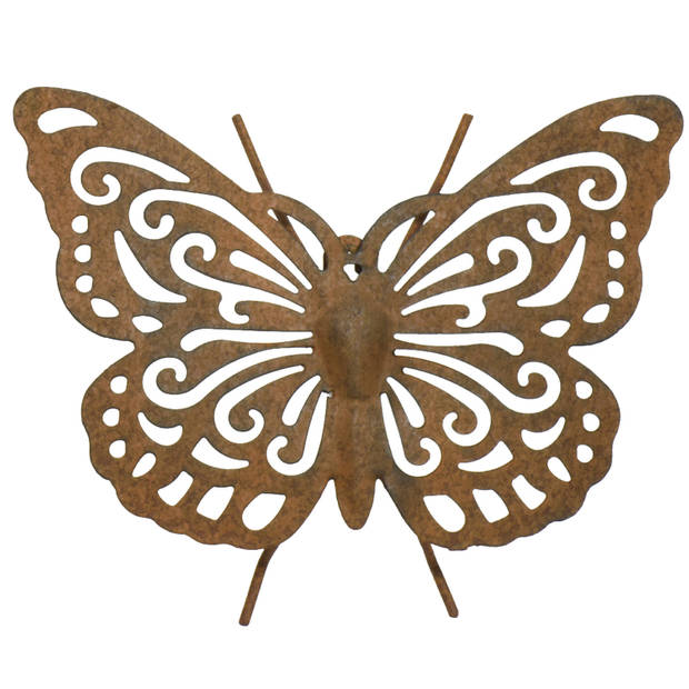 Tuin/schutting decoratie vlinder - metaal - roestbruin - 22 x 18 cm - Tuinbeelden