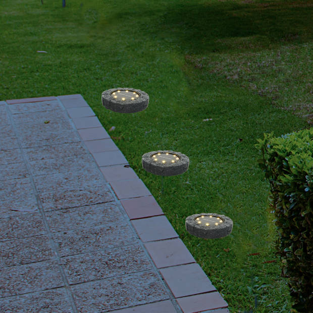Lumineo Solar grond prikspot/tuinspot - 3x - kunststeen - steengrijs - 11 x 2 cm - Prikspotjes