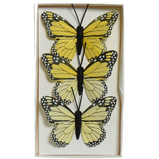 6x stuks decoratie vlinders op draad - blauw - geel - 6 cm - Hobbydecoratieobject