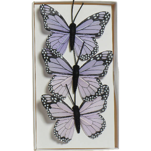6x stuks decoratie vlinders op draad - geel - paars - 6 cm - Hobbydecoratieobject