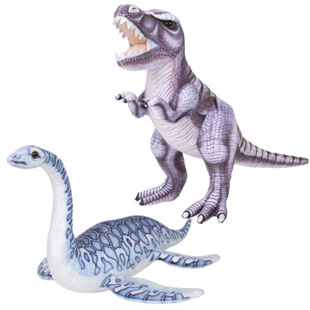 Speelgoed set van 2x pluche dino knuffels T-Rex en Plesiosaurus van 30 cm - Knuffeldier