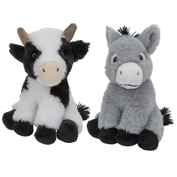 Pluche boerderijdieren knuffels Koe en Ezel setje van 19 en 16 cm - Knuffel boederijdieren