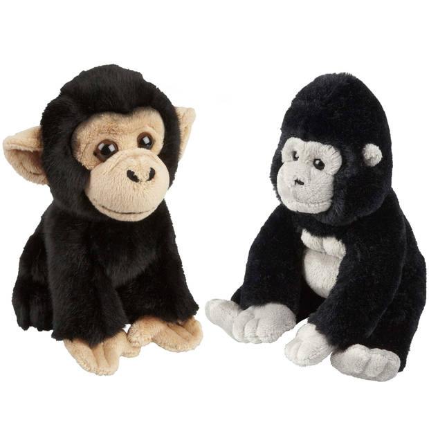 Apen serie zachte pluche knuffels 2x stuks - Gorilla en Chimpansee aap van 18 cm - Knuffel bosdieren