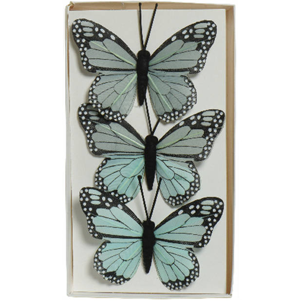 6x stuks decoratie vlinders op draad - blauw - geel - 6 cm - Hobbydecoratieobject