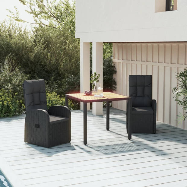 vidaXL 3-delige Tuinset met kussens poly rattan zwart