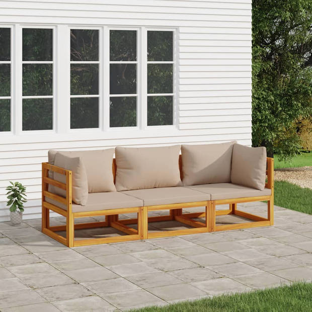 vidaXL 3-delige Loungeset met kussens massief hout taupe