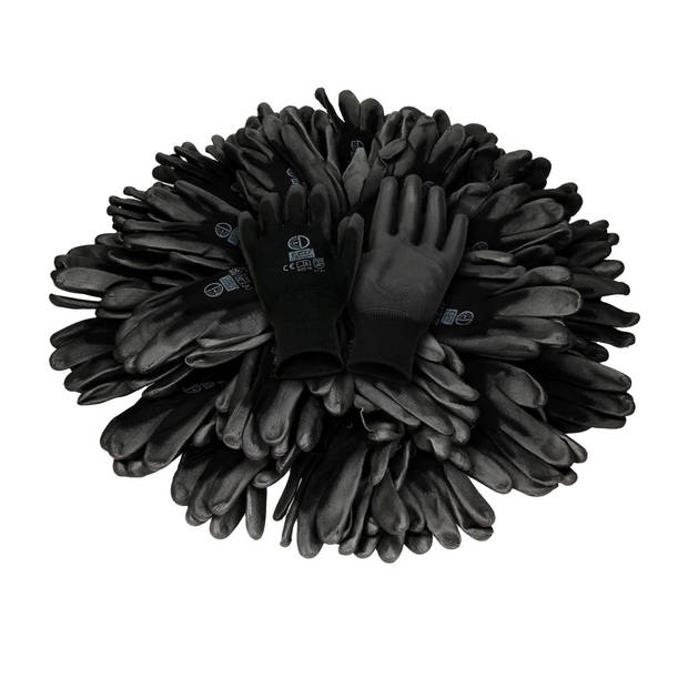Werkhandschoenen 48 paar met PU coating Zwart Maat XL