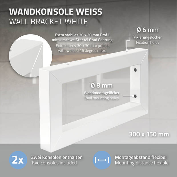 Muurbeugel voor wastafel Set van 2 300x150 mm Wit staal ML-Design