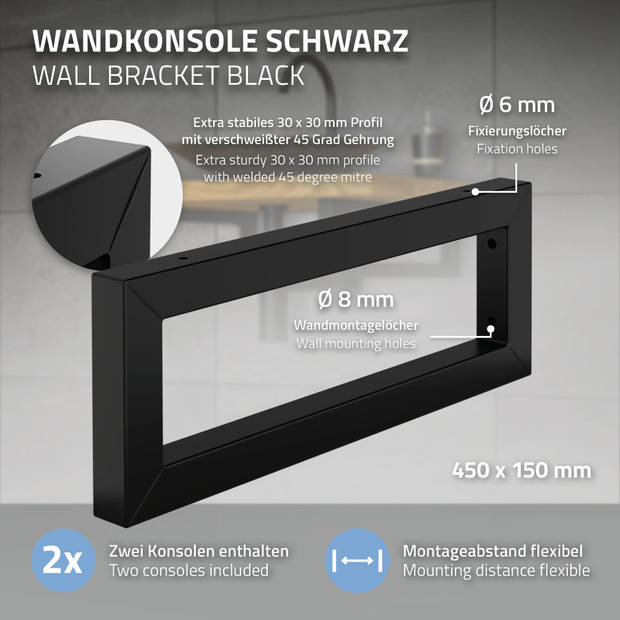 Wandhouder voor wastafel Set van 2 45x15 cm Zwart staal ML-Design