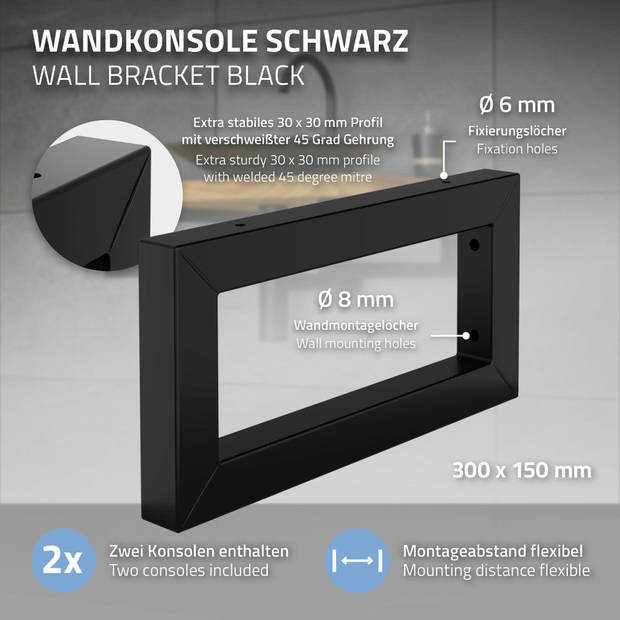 Wandhouder voor wastafel Set van 2 30x15 cm Zwart staal ML-Design