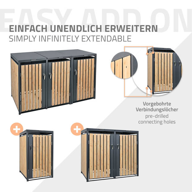 Vuilnisbak voor 3 bakken 240L 200x80x116,3 cm antraciet/houtlook staal ML-Design