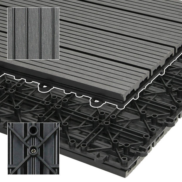 ECD Germany WPC-terras tegels 30x30 cm 33er Spar Set für 3m² antraciet in houtlook voor tuinbalkonvloeren met afvoer