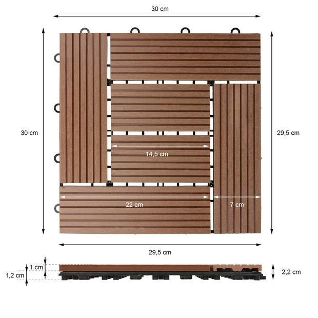 ECD Germany WPC Terras Tegels 30x30 cm 55er Spar Set für 5m² Lichtbruin Mozaïek Hout Optiek voor Tuin Balkon Vloeren