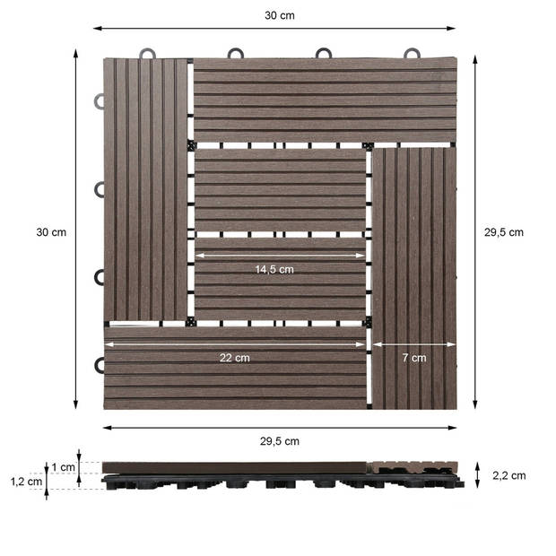 ECD Germany WPC patio tegels 30x30cm 33er Spar Set für 3m² donkerbruin mozaïekhout look voor tuinbalkonvloeren